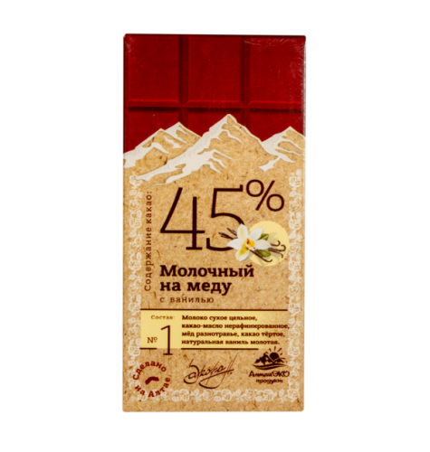 Эко шоколад молочный на меду с Ванилью 45% какао 50 г Алтай Эко Продукт
