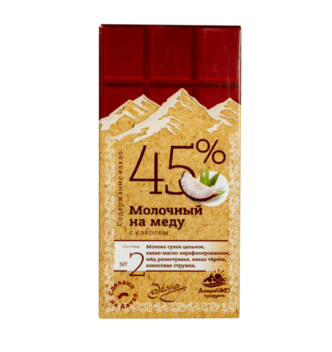 Эко шоколад молочный на меду с Кокосом 45% какао 50 г Алтай Эко Продукт